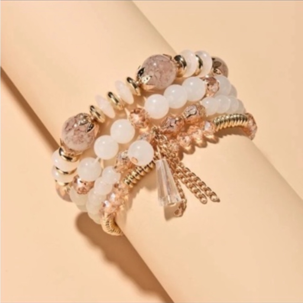NWT| ZEN FRIENDS| WHITE QUARTZ & CARNELIAN TRIPLE BRACELET STACK SET| NEW